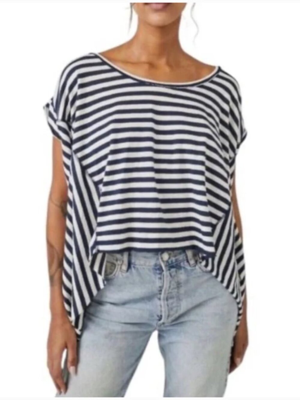 FREE PEOPLE We The Free Striped Angel Tee Navy Blue White T-shirt Top Large NWT